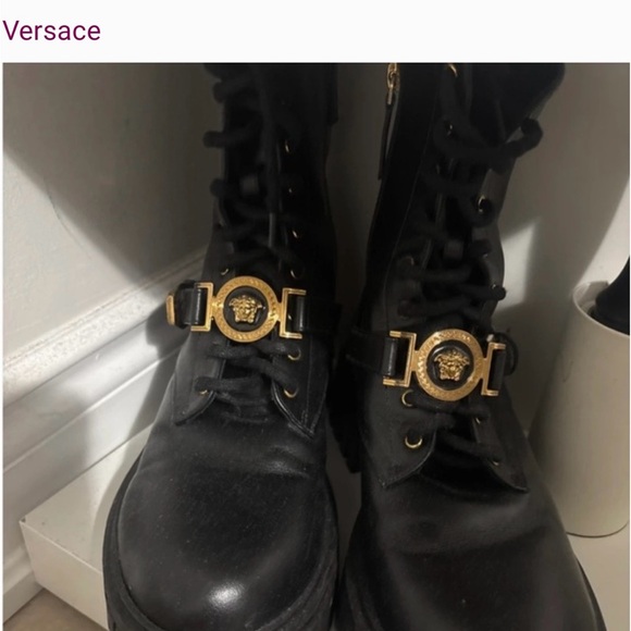 Versace Shoes - Versace Black Boots with Gold Medusa Accent